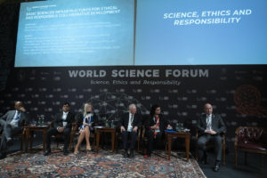 The World Science Forum panel. From left to right : Sekazi Mtingwa, Atish Dabholkar, Sanja Damjanovic, Herwig Schopper, Her Royal Highness Sumaya bint El Hassan and Michele Zema (Photo : World Science Forum)